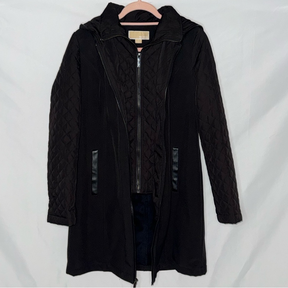 Michael Kors Mixed Media Quilted Softshell Hooded Jacket Double Zip M NWOT